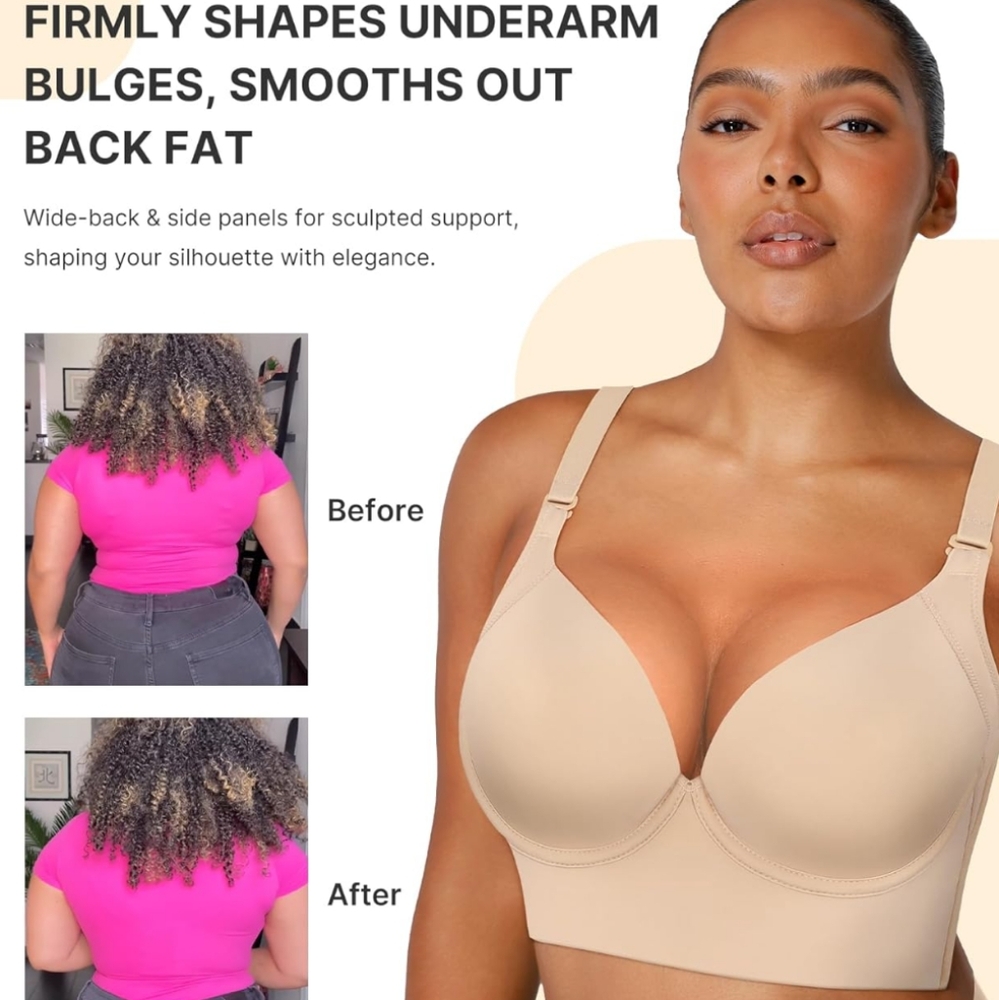Cream Full-Coverage Support Bra with Plunging Neckline